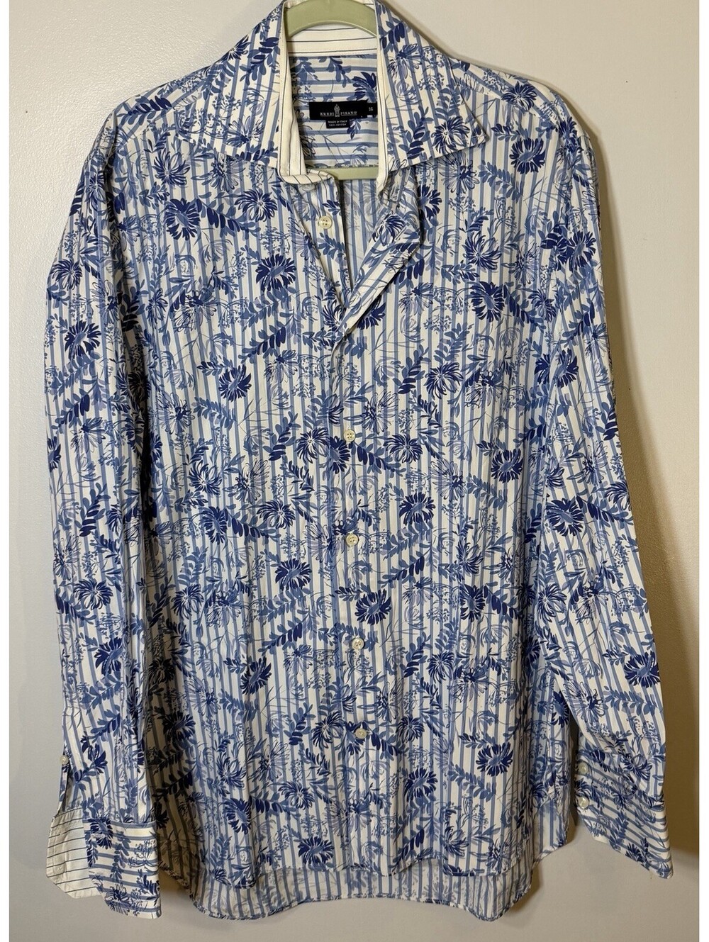 Eredi Pisano Italy Men’s Large Dress Shirt Blue Floral Stripe Contrast Flip Cuff